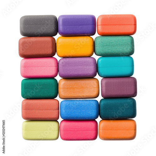 A vibrant array of colorful rectangular blocks arranged in a grid pattern, showcasing a variety of hues and textures, Transparent Background.