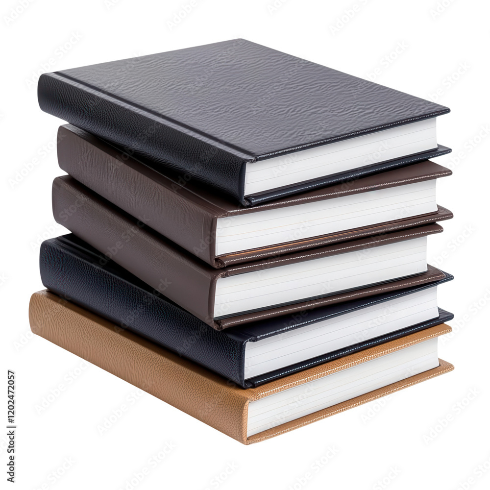 A stack of five hardcover books in various colors, showcasing their spines and edges with visible white pages, Transparent Background. A stack of five hardcover books in various colors, showcasing their spines and edges with visible white pages, Transparent Background.