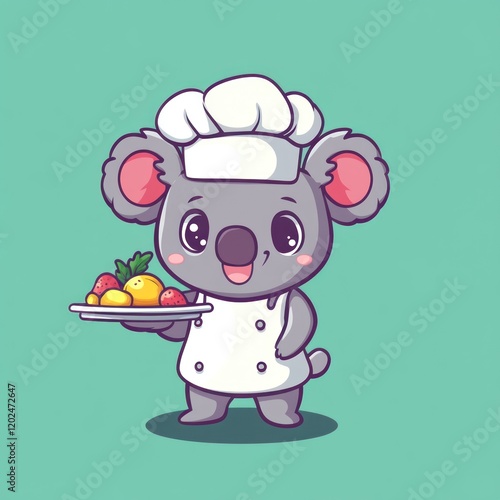 Koala chef presents fruit dessert; teal background; food blog illustration photo