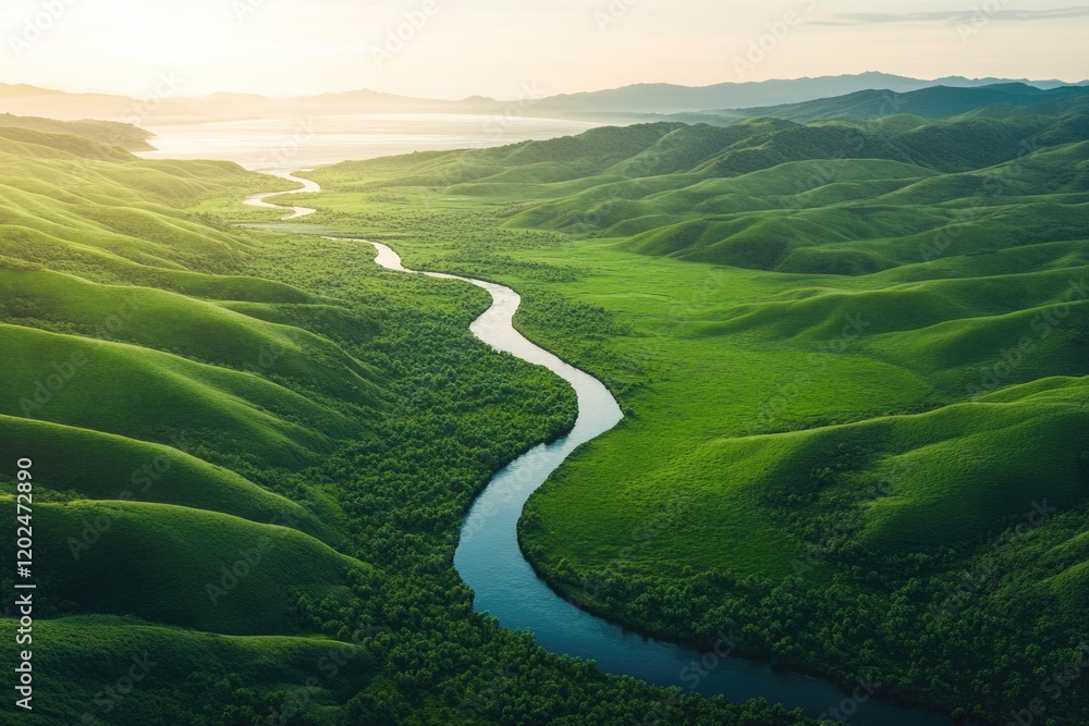 Serene river meanders through lush green valleys and rolling hills, a breathtaking aerial view. Serene river meanders through lush green valleys and rolling hills, a breathtaking aerial view.