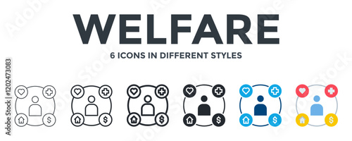 Welfare Icon In Different Style Vector Illustration. Designed In Thin Line, Regular Line, Bold Line, Glyph, Color Fill, And Flat Style Can Be Used For Web