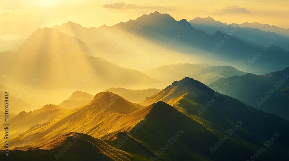 Obraz premium A breathtaking panorama of a serene mountain landscape, with rolling hills and a vibrant sky