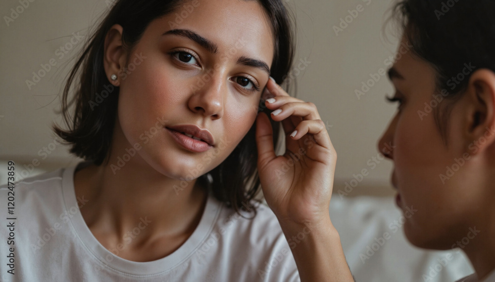 Supportive partner comforting during video call in softly lit room, emotional connection Supportive partner comforting during video call in softly lit room, emotional connection