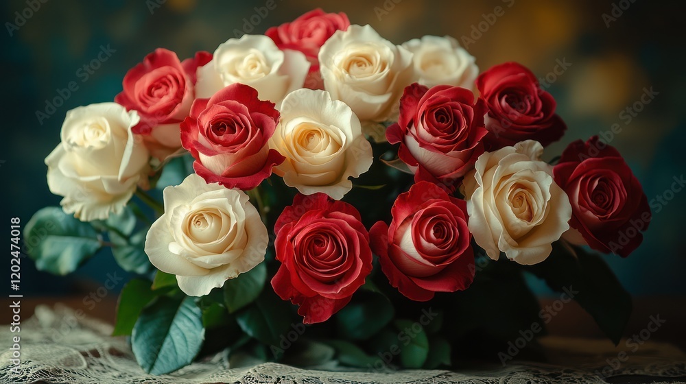 Romantic red and white roses bouquet on lace Romantic red and white roses bouquet on lace
