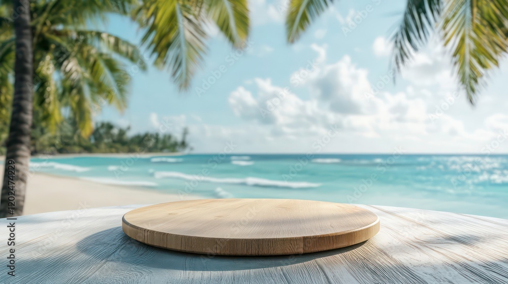 Empty wooden round platform on the table top with tropical beach background Empty wooden round platform on the table top with tropical beach background