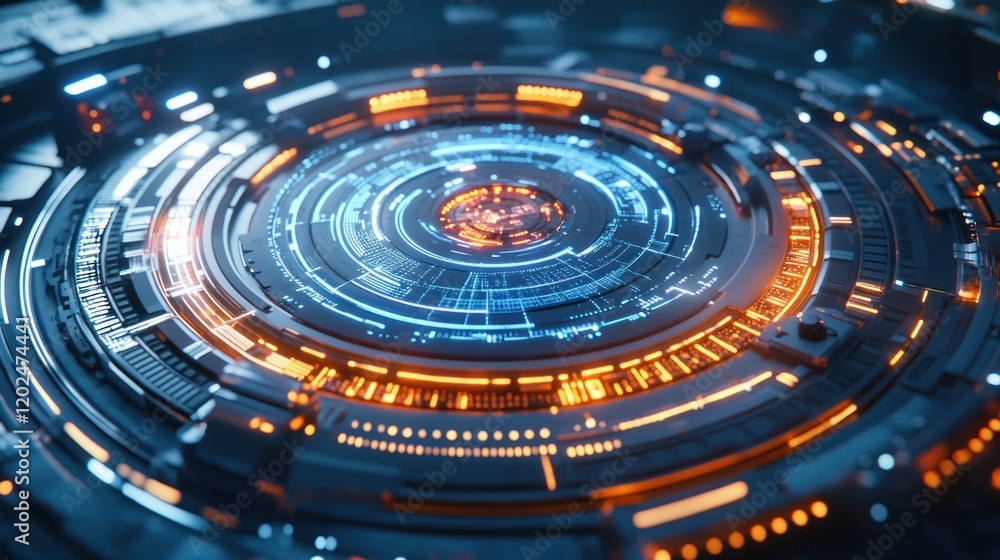 Futuristic circular technology interface with glowing orange and blue lights. Futuristic circular technology interface with glowing orange and blue lights.