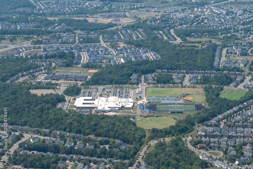 Obraz premium Auburn, Virginia - Aerial view of the suburbs of Ashburn Virginia and the Stone Bridge High School - home of the bulldogs