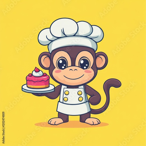 Cute monkey chef holds cake, yellow background, baking photo