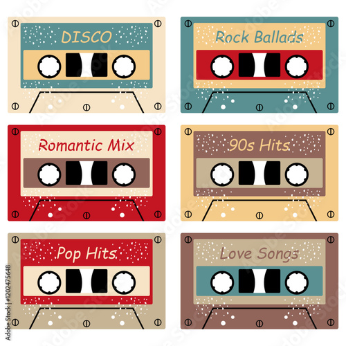 Audio cassette set on white background retro vintage music object vector illustration