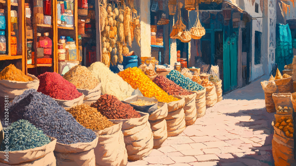 Fototapeta premium Colorful display of spices and dried herbs in narrow streets of marrakech with vibrant colors and textures. Vibrant Street Market. Illustration