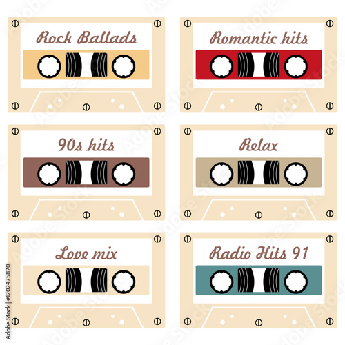 Audio cassette set on white background retro vintage music object vector illustration