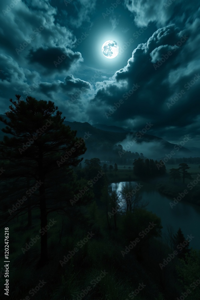 Fototapeta premium Serene moonlit night, with a reflection of the full moon and misty clouds creating a tranquil and ethereal atmosphere.