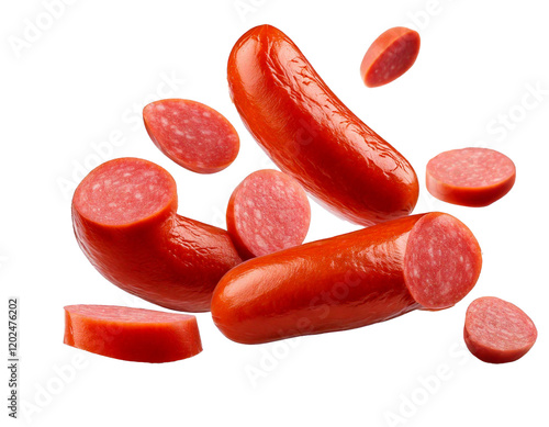 Falling sausage illustrated in mid-air, isolated on white background, with a transparent PNG format, presenting detailed textures and realistic shading, showcasing dynamic movement, ready for design u photo