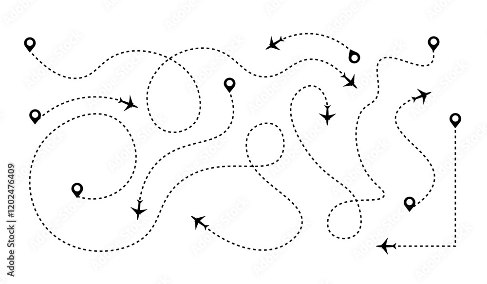 Airplane path. Flat dotted route lines. Location icons, destination on the map. Vector illustration. Airplane path. Flat dotted route lines. Location icons, destination on the map. Vector illustration.