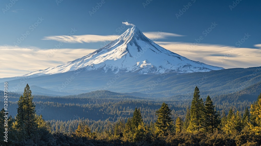 Fototapeta premium Majestic snow-capped mountain peak rising above a dense evergreen forest under a clear blue sky.