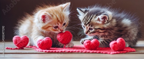 Two adorable kittens are engaged in playful antics with red and pink yarn balls shaped like hearts. The wooden table creates a cozy atmosphere as they interact joyfully photo