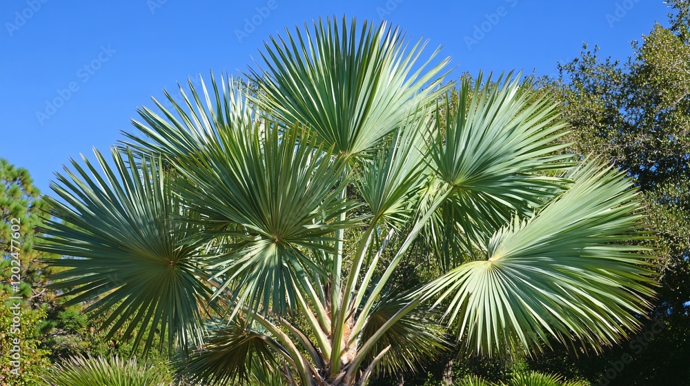 Fototapeta premium Majestic Silver Palm Tree Leaves Blue Sky Background