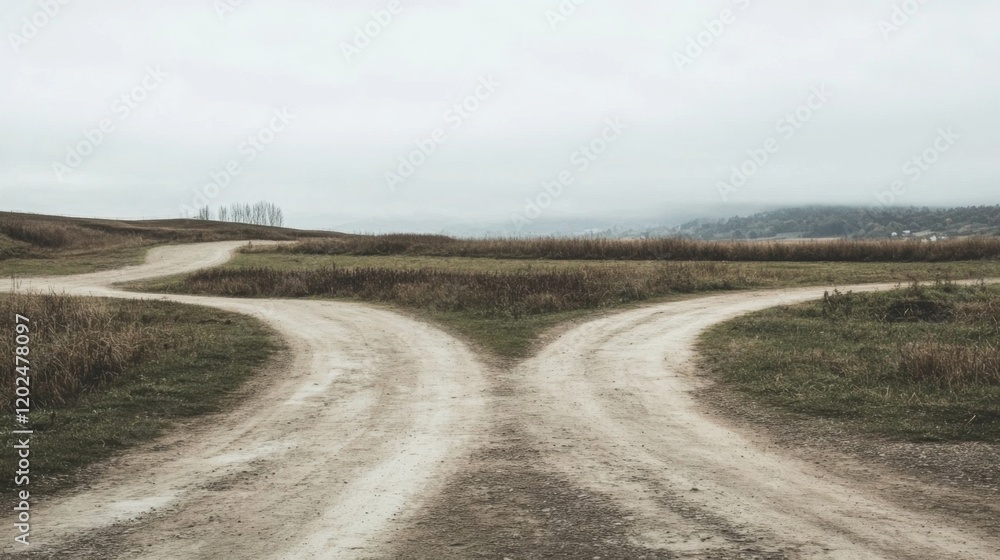 Fork in the road, dirt path, decision, choice, crossroads, rural landscape. Fork in the road, dirt path, decision, choice, crossroads, rural landscape.