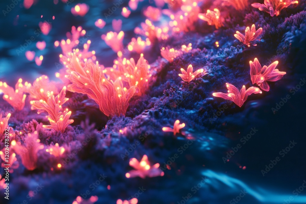 Fototapeta premium Glowing Bioluminescent Flora Illuminates Dark Landscape