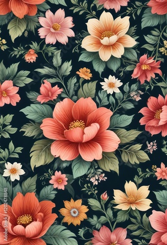 Hand-painted floral motifs in a seamless pattern design, hand-painted, flowers