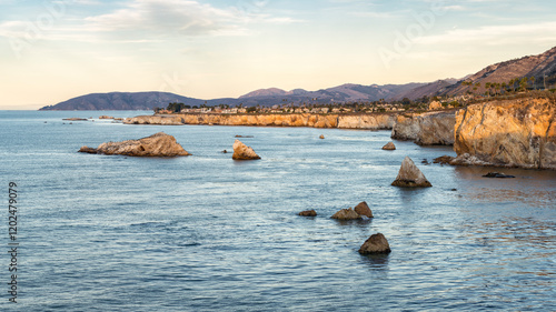 USA, California, Central Coast, Pismo Beach. Panoramic view of Shell Beach at...