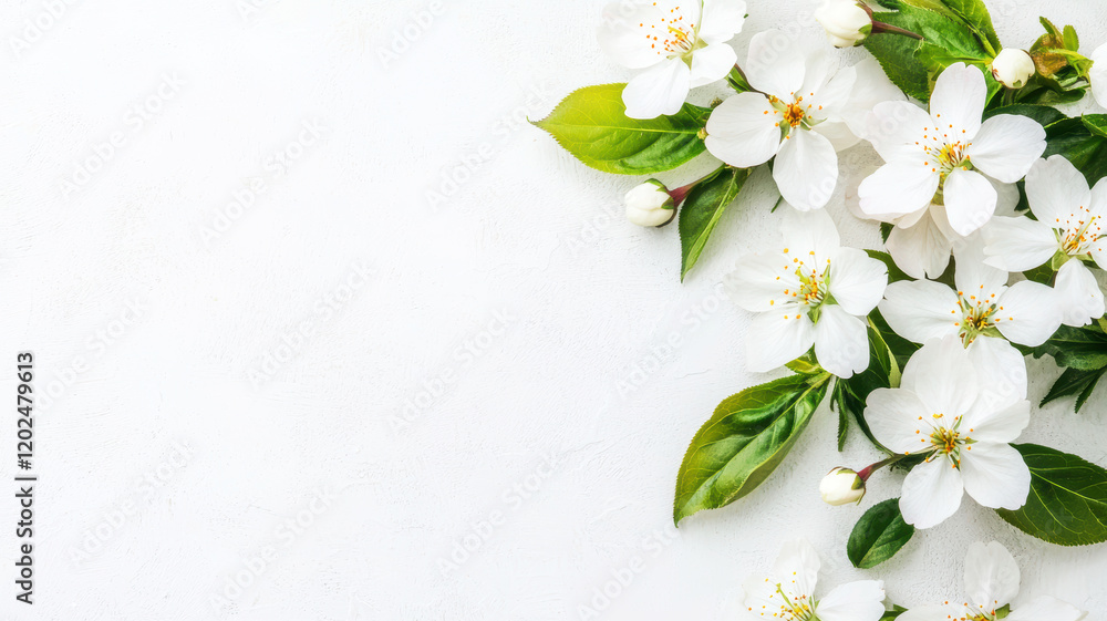 Fototapeta premium A serene arrangement of white flowers and green leaves against a light background, creating a fresh and elegant natural aesthetic.