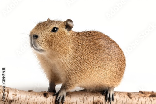 Capybara isolated on a plain white background showing its round body and soft fur, typical of this water loving rodent, standing on a branch with paws gently poised photo