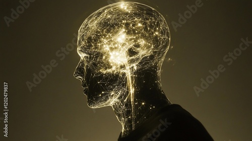 Glowing wireframe representation of a human head with internal connections depicted in yellow light
