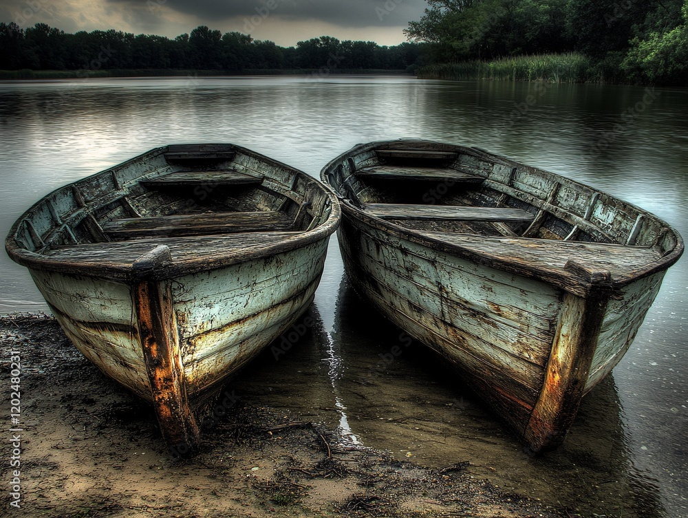 Two Rustic Wooden Rowboats on Riverbank, Peaceful Lake Scene Two Rustic Wooden Rowboats on Riverbank, Peaceful Lake Scene