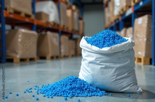 Blue plastic pellets in a bag on the background of a warehouse