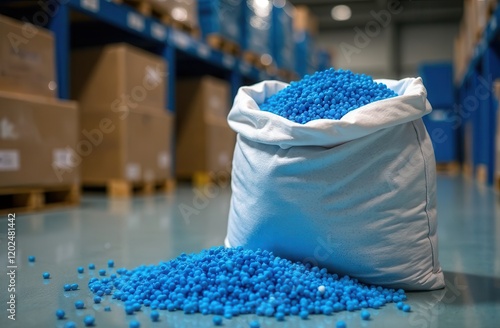 Blue plastic pellets in a bag on the background of a warehouse