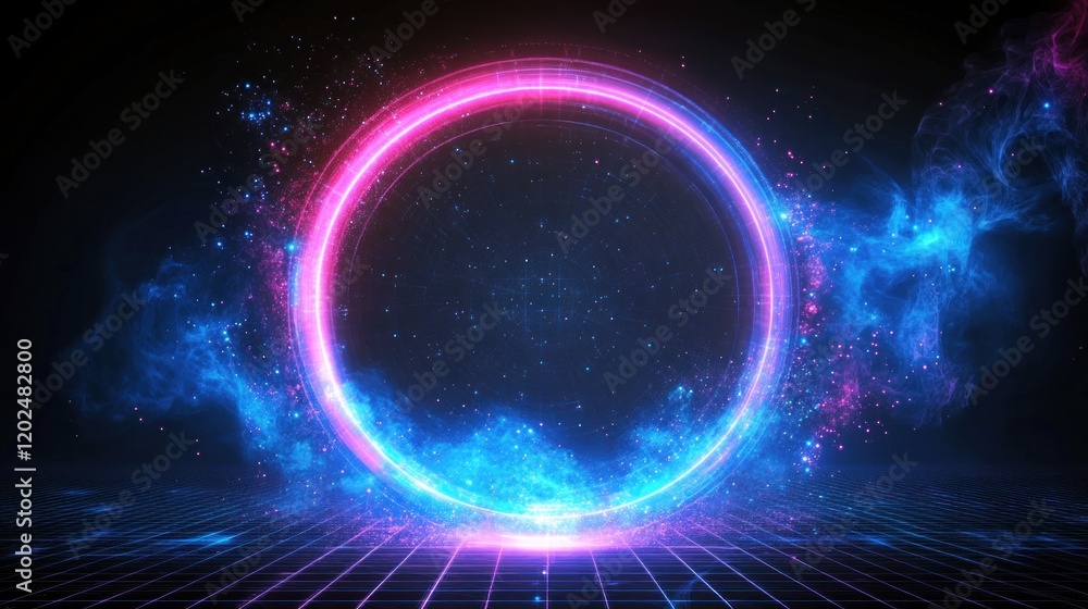 Glowing neon circle with smoke and grid. Glowing neon circle with smoke and grid.