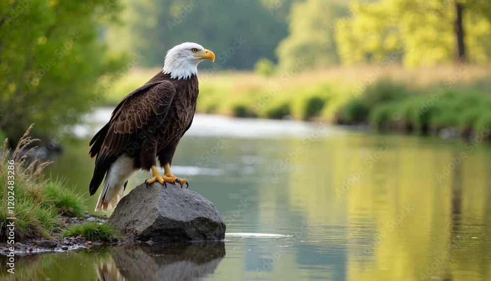 Fototapeta premium Bald eagle perched on rock by serene river