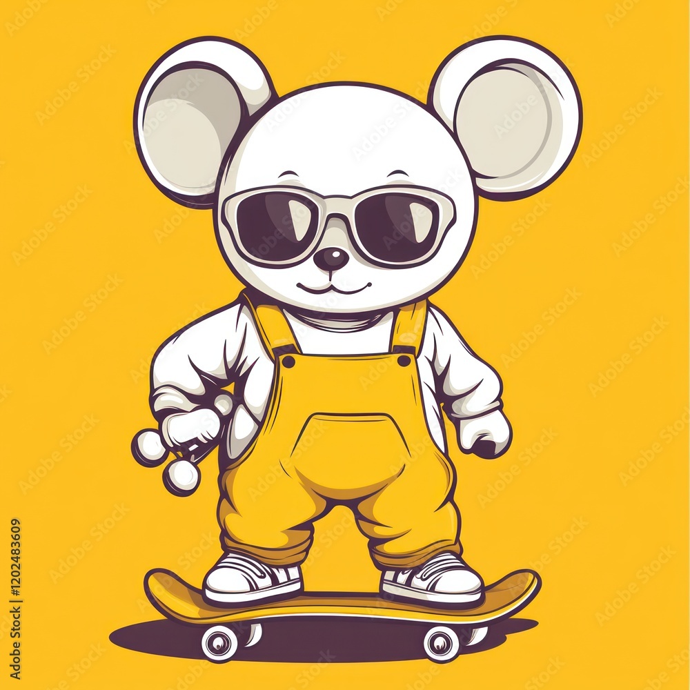 Mouse wearing yellow overalls, sunglasses skateboarding on yellow background. Possible use kids Mouse wearing yellow overalls, sunglasses skateboarding on yellow background. Possible use kids