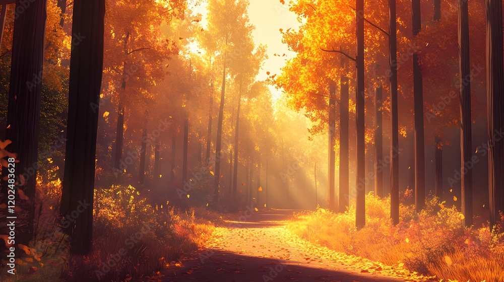 Fototapeta premium Golden Autumn Path Through Sunlit Forest Trees