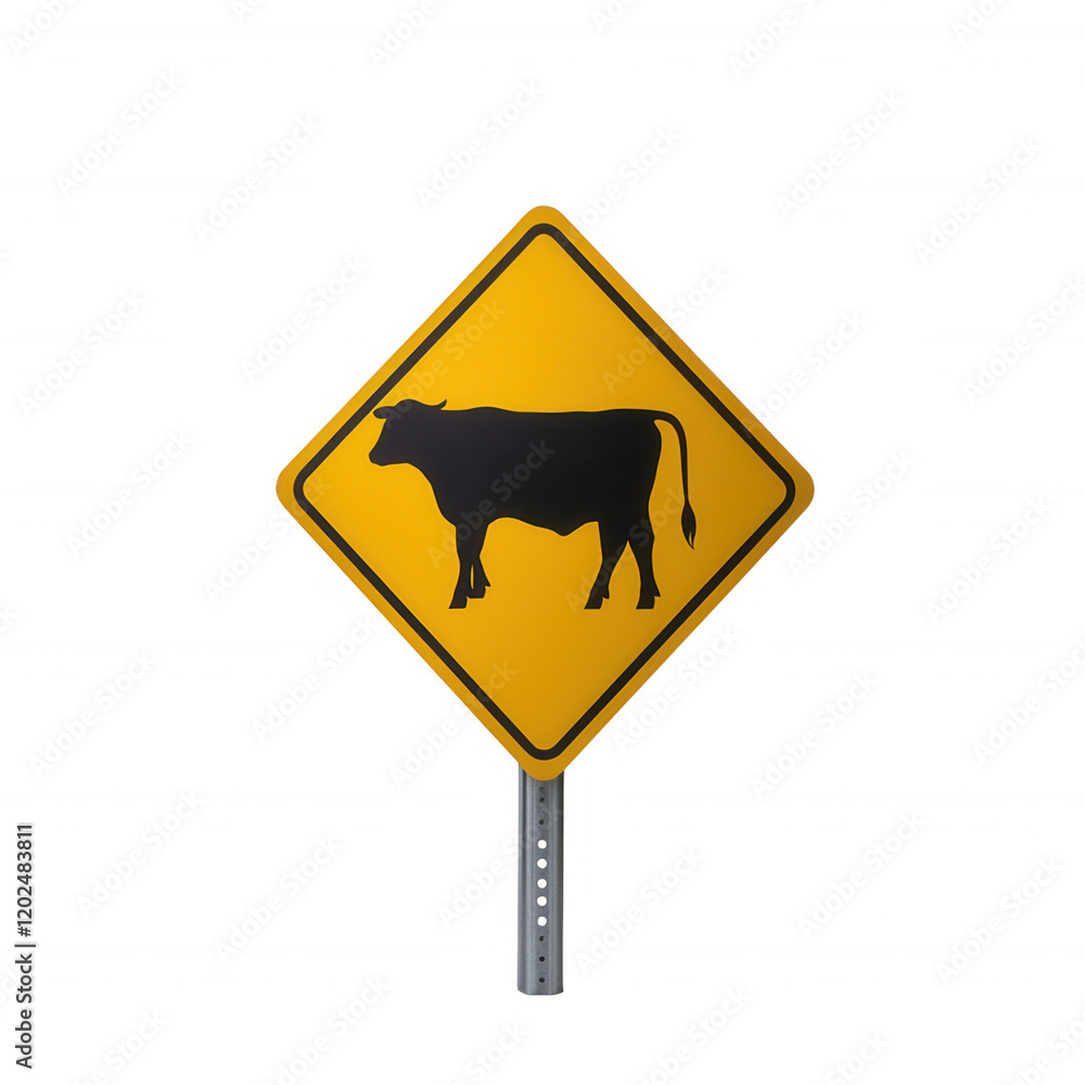 A yellow caution sign featuring a silhouette of a cow, Transparent Background. A yellow caution sign featuring a silhouette of a cow, Transparent Background.