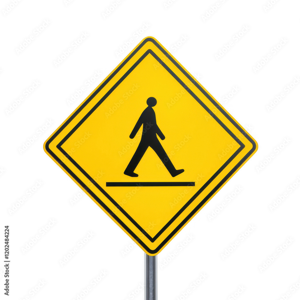 A yellow pedestrian crossing sign featuring a walking figure, Transparent Background. A yellow pedestrian crossing sign featuring a walking figure, Transparent Background.