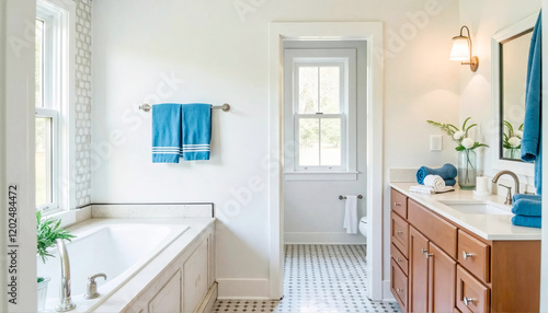 Interior of moderm light bathroom with bathtub, sink and toilet, clean and well-lit with blue towels hanging on rack photo