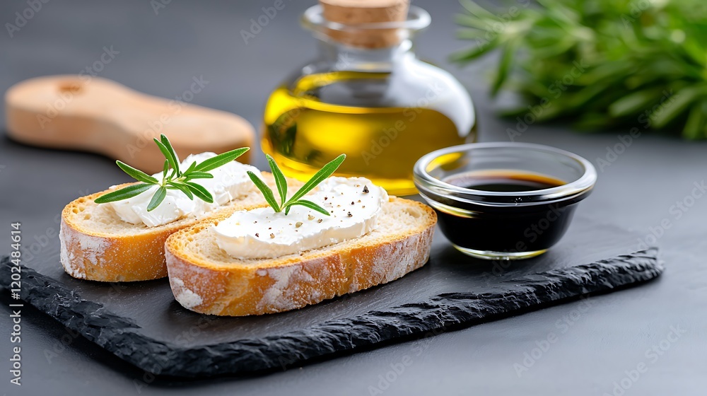 Two slices of bread topped with goat cheese, rosemary, and peppercorns, served with olive oil and balsamic vinegar. Two slices of bread topped with goat cheese, rosemary, and peppercorns, served with olive oil and balsamic vinegar.