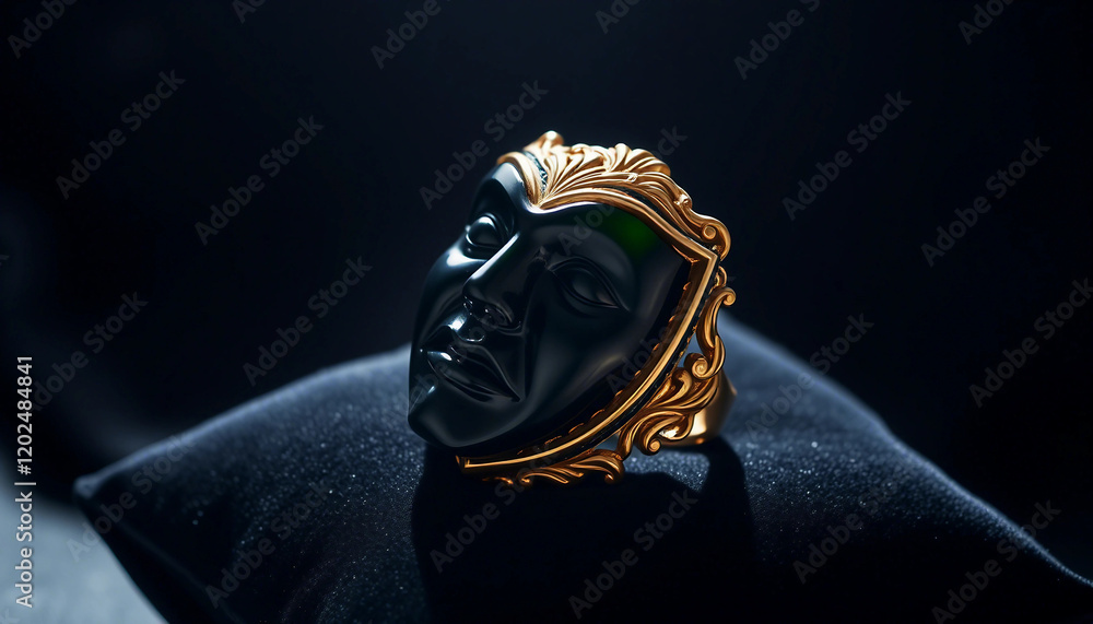 Obraz premium Elegant golden ring with a black onyx mask design, resting on a luxurious black velvet display, showcasing an artistic combination of glamour, mystery, and fine craftsmanship.