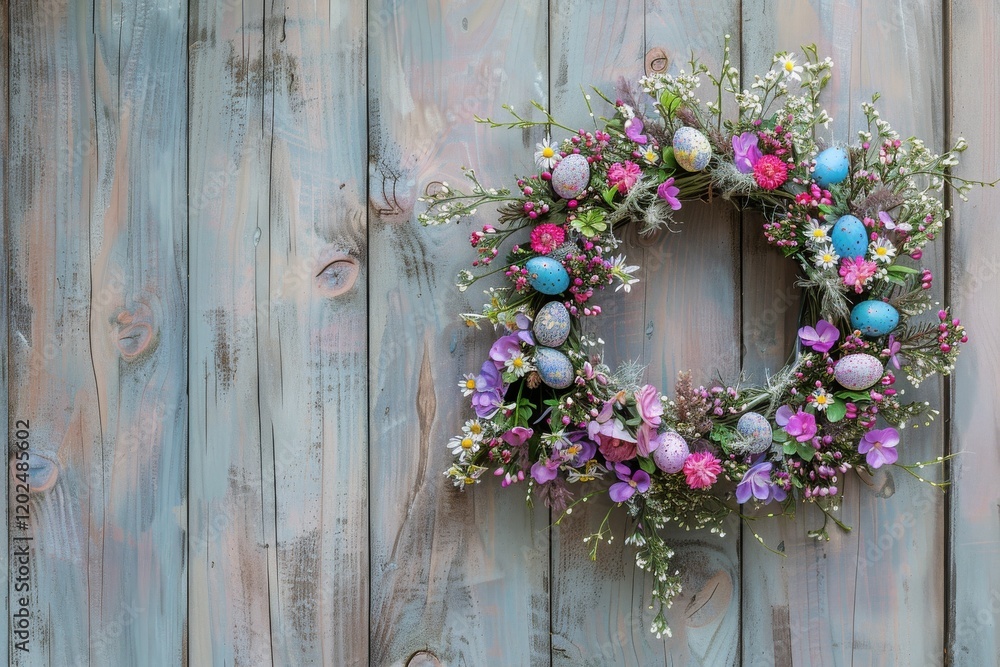 Colorful easter wreath on rustic wood Colorful easter wreath on rustic wood