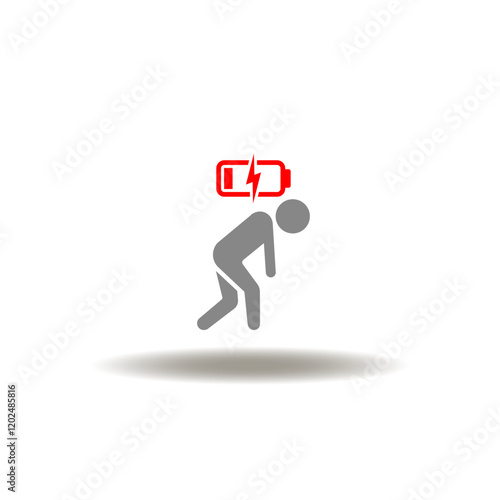Vector illustration of tired man with low battery charge. Icon of fatigue. Symbol of burnout, overwork, exhaustion.