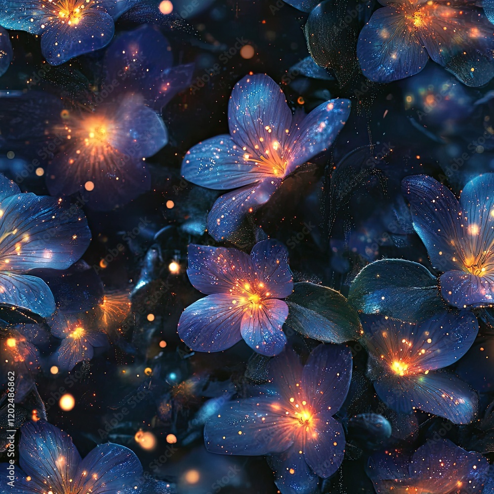 Blossoms with glowing dew drops that float like tiny stars between flowers . Seamless abstract 3d pattern background Blossoms with glowing dew drops that float like tiny stars between flowers . Seamless abstract 3d pattern background