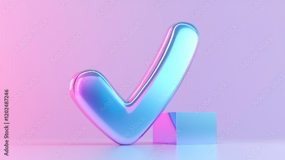 Glossy 3D checkmark icon featuring pastel colors of blue, pink, and purple. The smooth and vibrant design has a modern, abstract, and futuristic appearance. Glossy 3D checkmark icon featuring pastel colors of blue, pink, and purple. The smooth and vibrant design has a modern, abstract, and futuristic appearance.