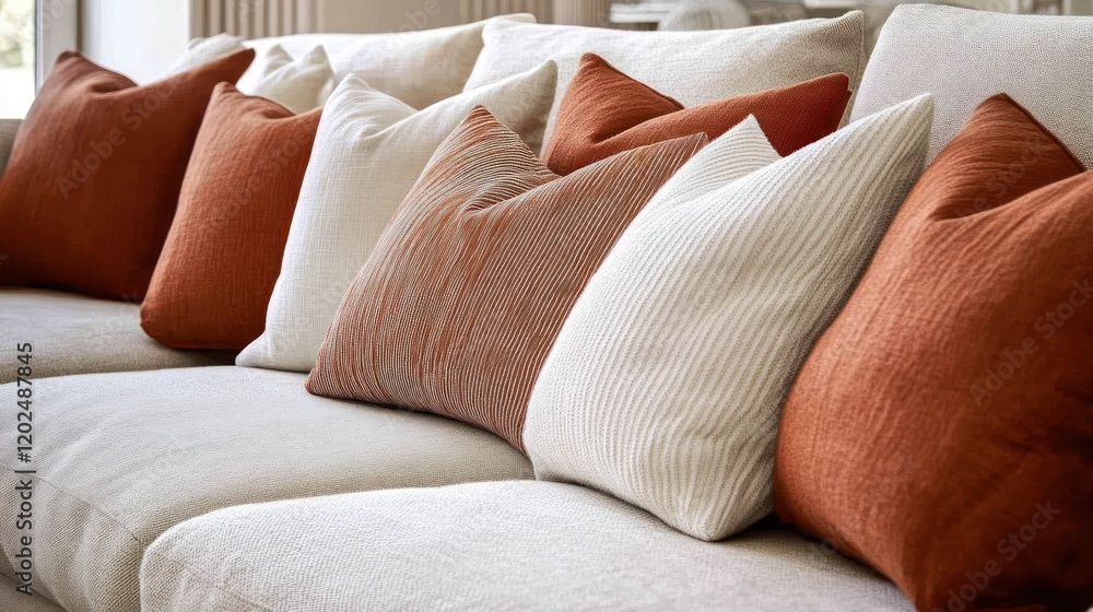 Cozy Comfort: A collection of soft, plush pillows in warm terracotta and cream hues create a welcoming and inviting atmosphere on a plush sofa. Cozy Comfort: A collection of soft, plush pillows in warm terracotta and cream hues create a welcoming and inviting atmosphere on a plush sofa.