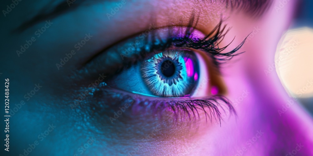 A close-up image of a mesmerizing eye showcasing vibrant blue hues and intricate details. The unique lighting adds an artistic flair. Ideal for beauty and artistic projects. AI A close-up image of a mesmerizing eye showcasing vibrant blue hues and intricate details. The unique lighting adds an artistic flair. Ideal for beauty and artistic projects. AI