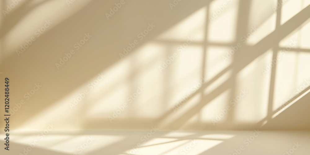 Obraz premium Window's shadows pattern, beige wall, empty room, horizontal template overlay, abstract background