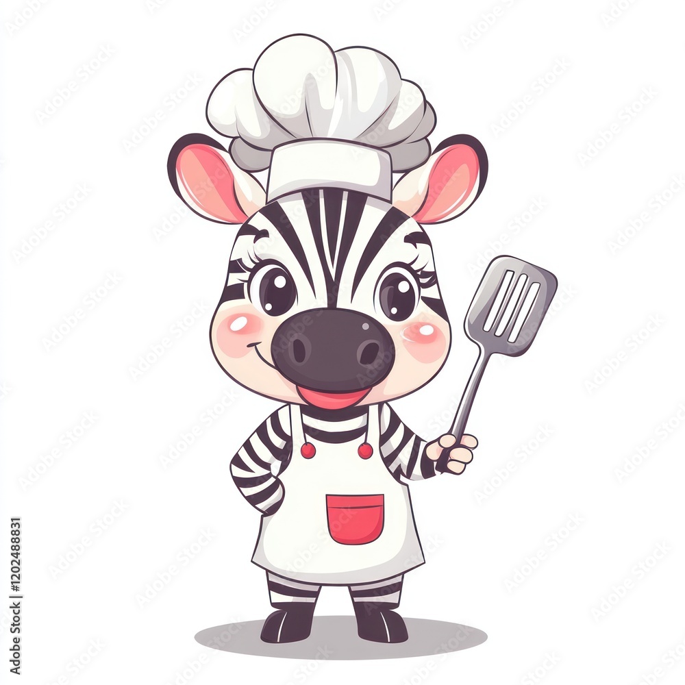 Zebra chef with spatula stands ready, cooking concept for use in print or digital Zebra chef with spatula stands ready, cooking concept for use in print or digital