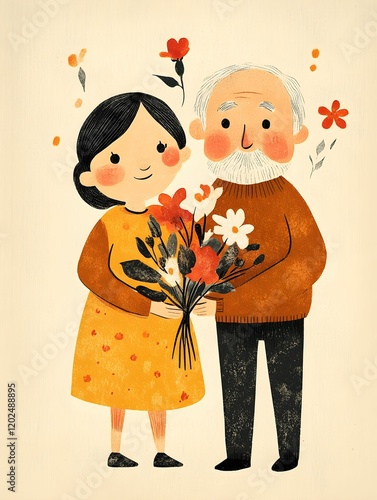 ilustracja, styl dziecięcy, babcia, dziadek, wnuczek, kartka okolicznościowa, Dzień Babci i Dziadka, kwiaty, prosta ilustracja, kolorowa grafika, ciepła atmosfera, miłość rodzinna, radosny nastrój, pa