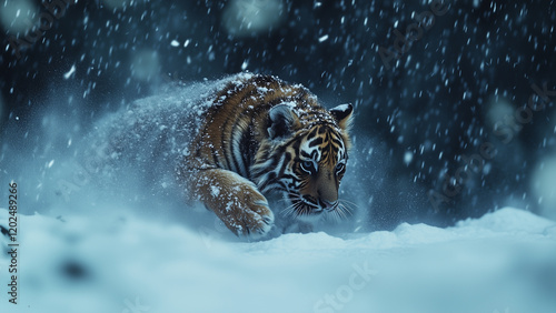 Winter Wanderer: A Tiger Cub in the Snowstorm photo